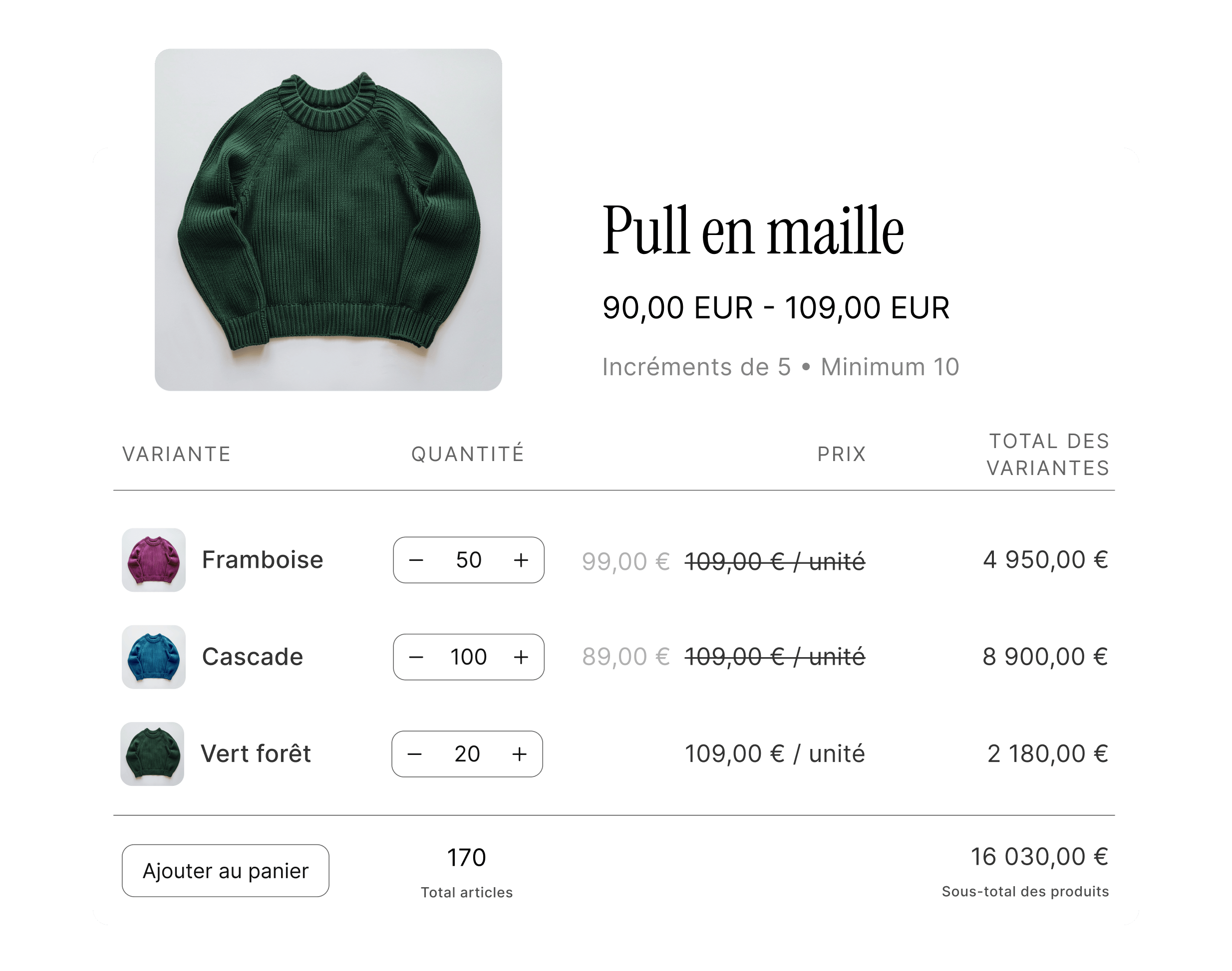 Animation montrant des réductions B2B grâce auxquelles le coût par article baisse automatiquement lorsque le nombre d’articles achetés augmente