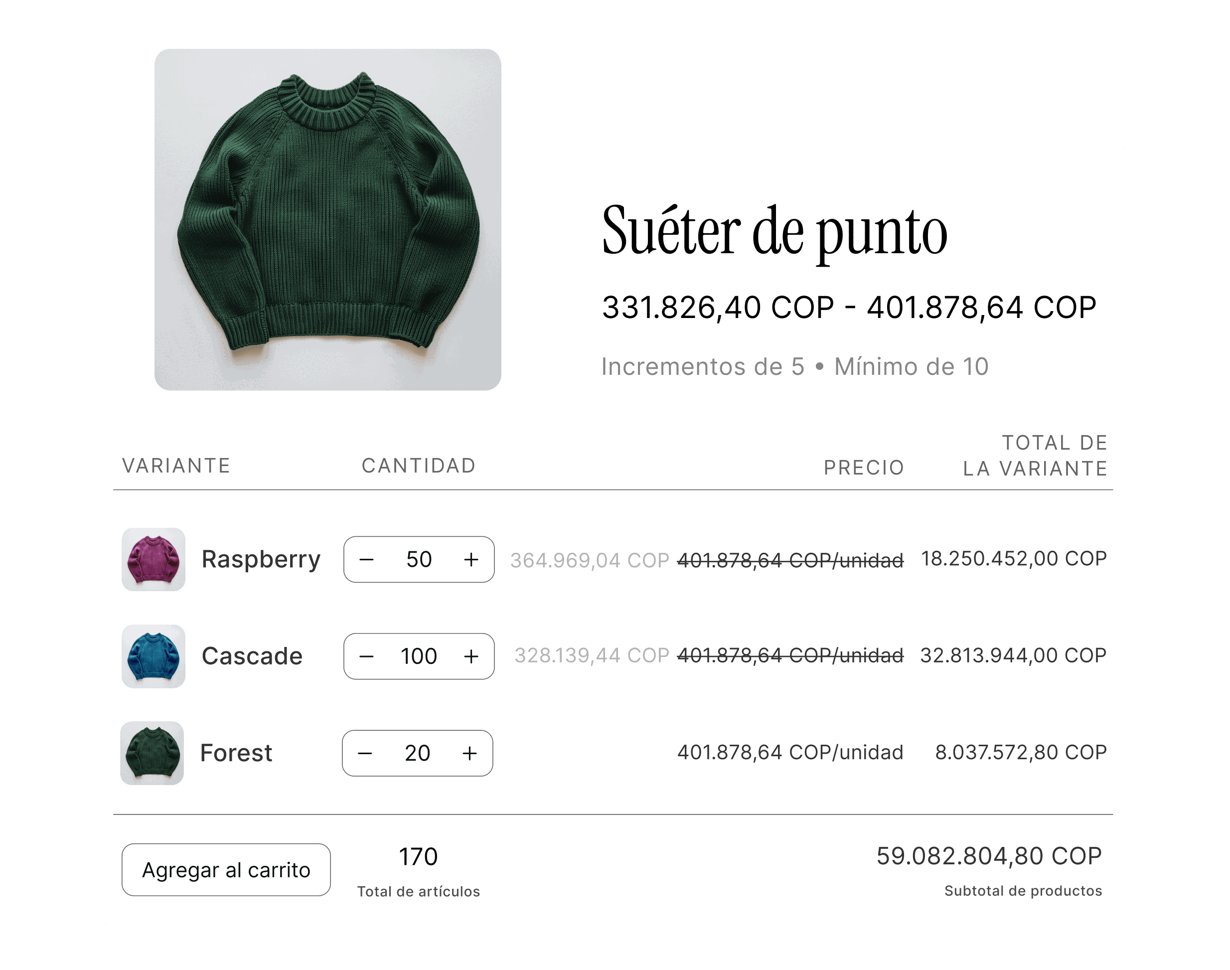 Animación que muestra descuentos B2B, en los que el costo por artículo disminuye automáticamente conforme aumenta la cantidad de artículos comprados